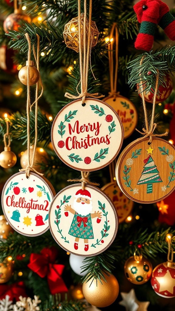Colorful wooden circle Christmas ornaments hanging on a tree with twinkling lights.